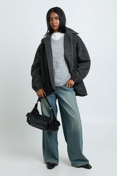 Oversized Textured Wool Look Bomber Jacket - Image 2