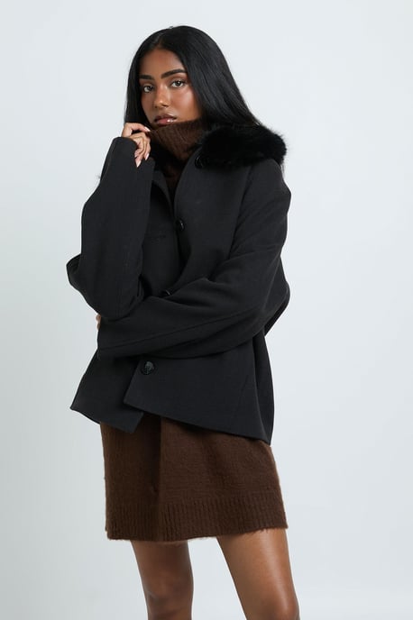 Faux Fur Collar Wool Look Coat - Image 1