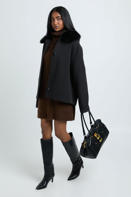 Faux Fur Collar Wool Look Coat - Image 2