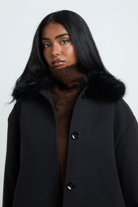 Faux Fur Collar Wool Look Coat - Image 4