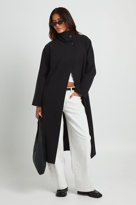 Funnel Neck Belted Wool Look Coat - Image 1