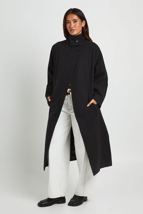 Funnel Neck Belted Wool Look Coat - Image 3