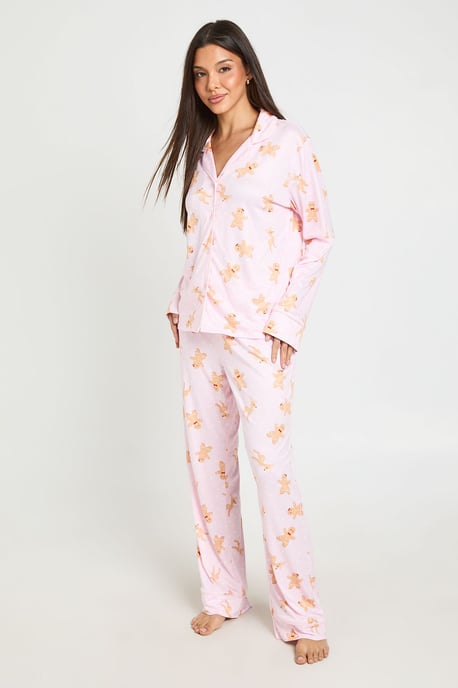 Christmas Gingerbread Print Piping Detail Long Sleeve & Trouser Pyjama Set - Image 1