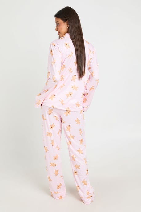Christmas Gingerbread Print Piping Detail Long Sleeve & Trouser Pyjama Set - Image 2