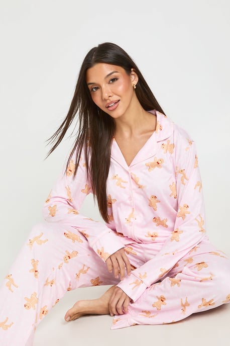 Christmas Gingerbread Print Piping Detail Long Sleeve & Trouser Pyjama Set - Image 3