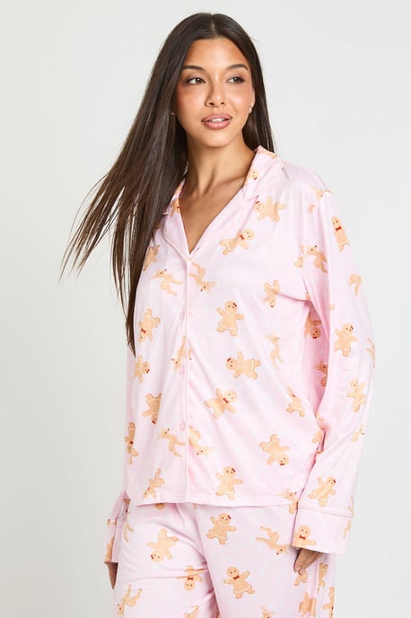 Christmas Gingerbread Print Piping Detail Long Sleeve & Trouser Pyjama Set - Image 4