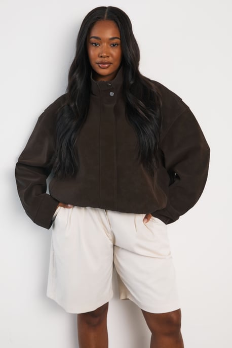 Plus Textured Faux Leather Funnel Neck Bomber Jacket - Image 1