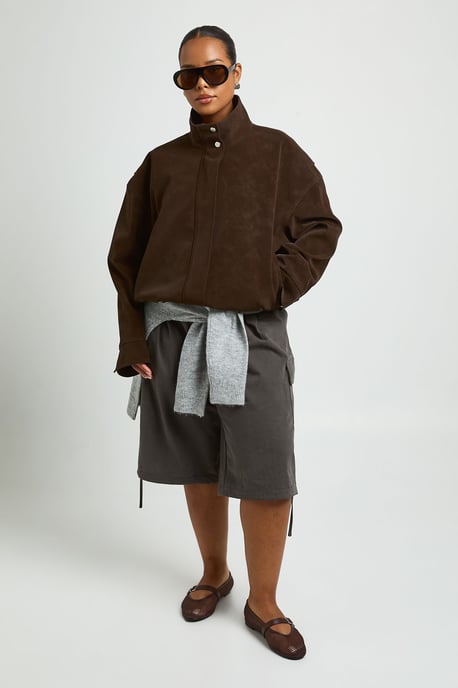 Plus Textured Faux Leather Funnel Neck Bomber Jacket - Image 3