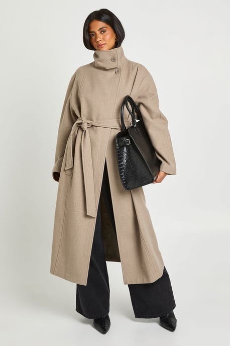 Funnel Neck Belted Wool Look Coat - Image 1