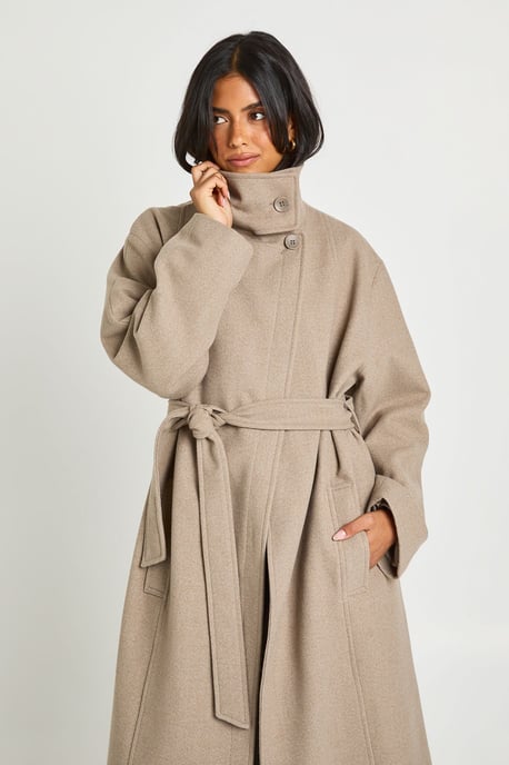 Funnel Neck Belted Wool Look Coat - Image 3