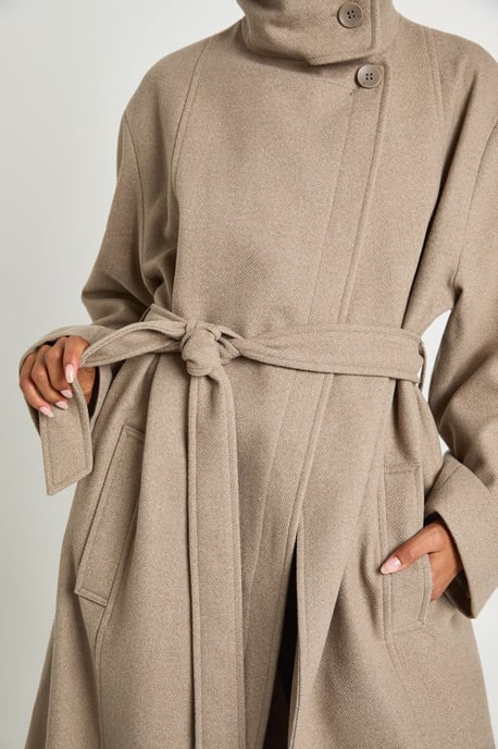 Funnel Neck Belted Wool Look Coat - Image 4
