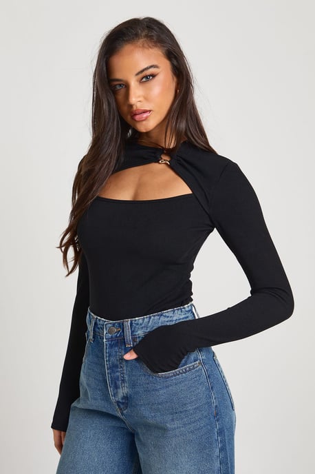 Rib Gold Trim Detail Cut Out Long Sleeve - Image 1
