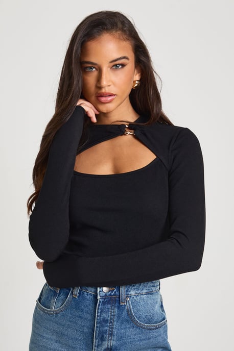 Rib Gold Trim Detail Cut Out Long Sleeve - Image 3