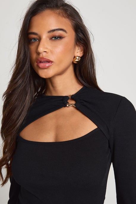 Rib Gold Trim Detail Cut Out Long Sleeve - Image 4