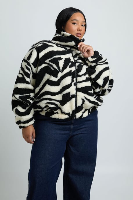 Plus Zebra Funnel Neck Teddy Bomber Jacket - Image 1