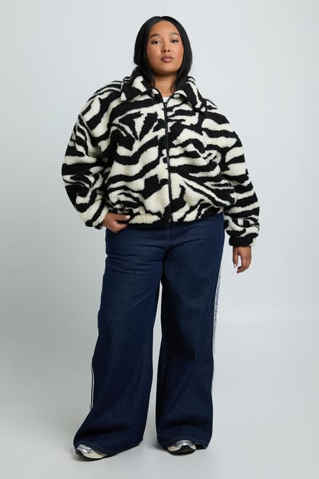 Plus Zebra Funnel Neck Teddy Bomber Jacket - Image 2