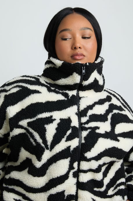 Plus Zebra Funnel Neck Teddy Bomber Jacket - Image 4