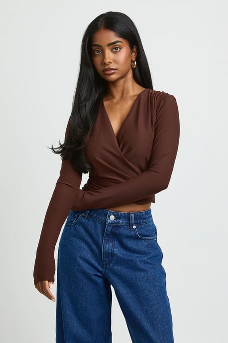 Matte Slinky Drape Wrap Long Sleeve Top - Image 1