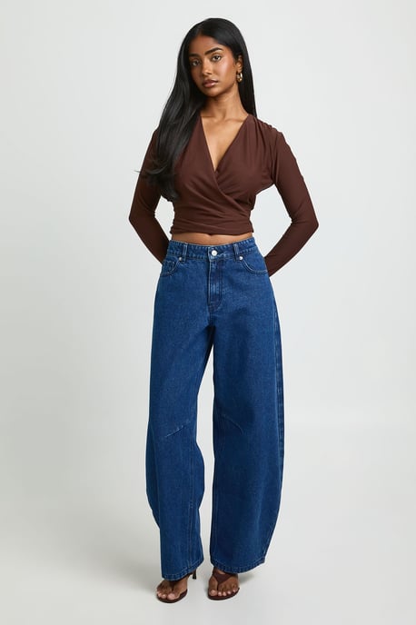 Matte Slinky Drape Wrap Long Sleeve Top - Image 2