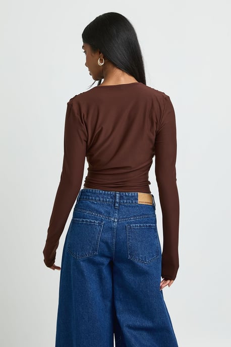 Matte Slinky Drape Wrap Long Sleeve Top - Image 3