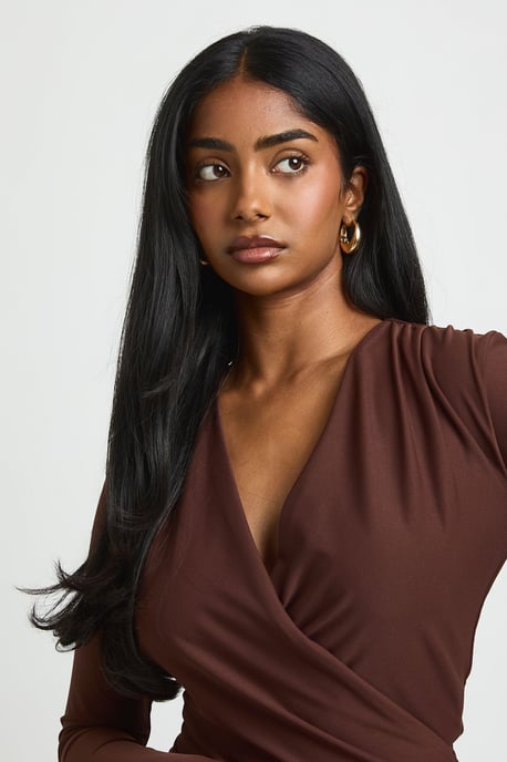 Matte Slinky Drape Wrap Long Sleeve Top - Image 4