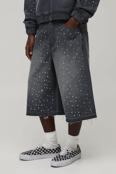 Washed Rhinestone Longline Denim Jorts - Image 1