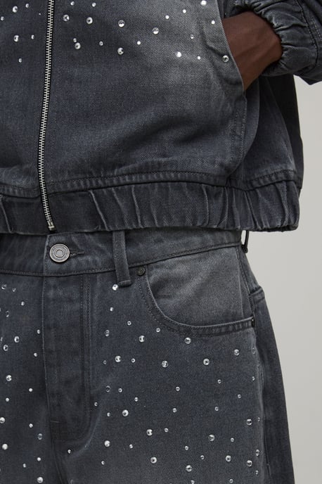 Washed Rhinestone Longline Denim Jorts - Image 3