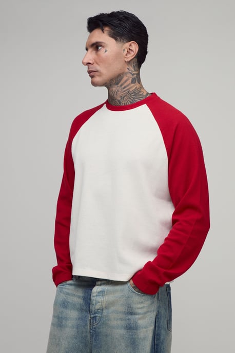 Tall Oversized Boxy Heavyweight Waffle Raglan Long Sleeve T-shirt - Image 1