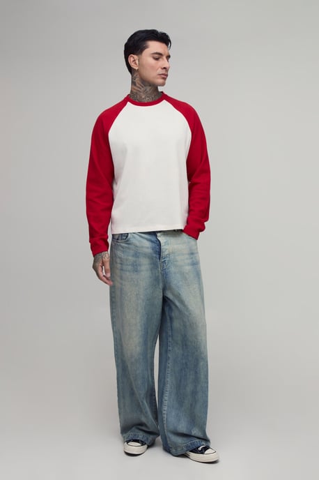 Tall Oversized Boxy Heavyweight Waffle Raglan Long Sleeve T-shirt - Image 5