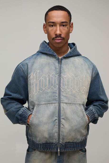 Washed Embroidered Zip Up Denim Co-Ord Hoodie - Image 1