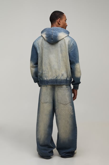 Washed Embroidered Zip Up Denim Co-Ord Hoodie - Image 2