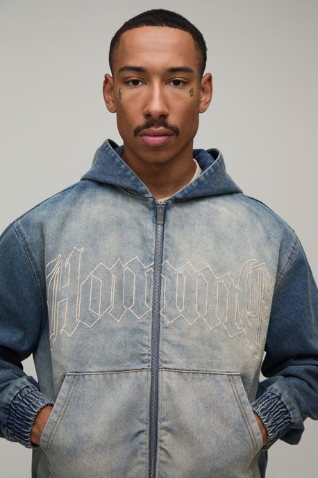 Washed Embroidered Zip Up Denim Co-Ord Hoodie - Image 3