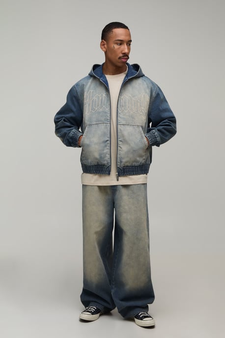 Washed Embroidered Zip Up Denim Co-Ord Hoodie - Image 4