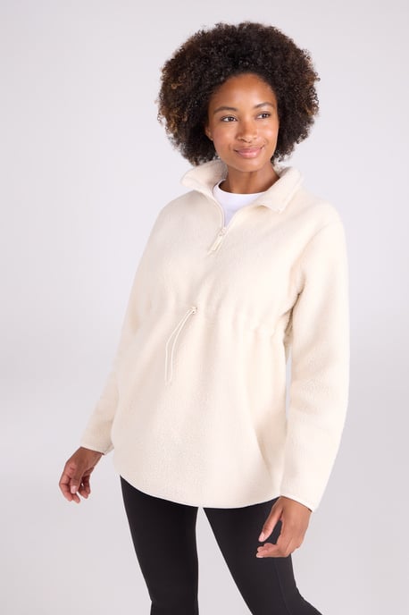Women's Sherpa Fleece Lined Sweater Half Zip Cosy Warm Coat Beige - Image 2