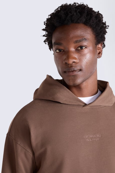 'Icon' Men's Logo Drop Shoulder Hoodie with Kangaroo Pocket Warm Sweatshirt Brown - Image 3