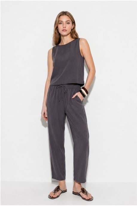 Sleeveless Crew Neck Blouse and Carrof Fıt Pants Set - Image 4