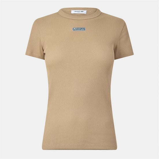 Lacoste Dames-T-shirt met geribde ronde hals en slank model (Beige) - Image 1