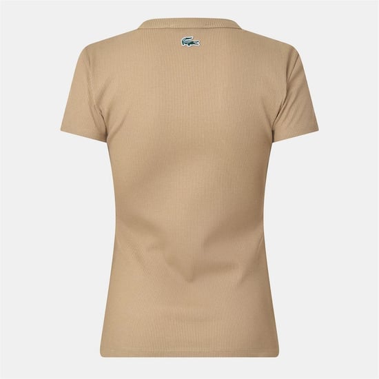 Lacoste Dames-T-shirt met geribde ronde hals en slank model (Beige) - Image 2
