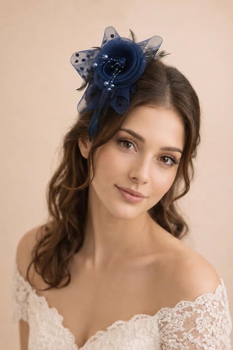 Rosette Faux Pearl & Polka Veil Feather Fascinator in Navy and Black - Image 1