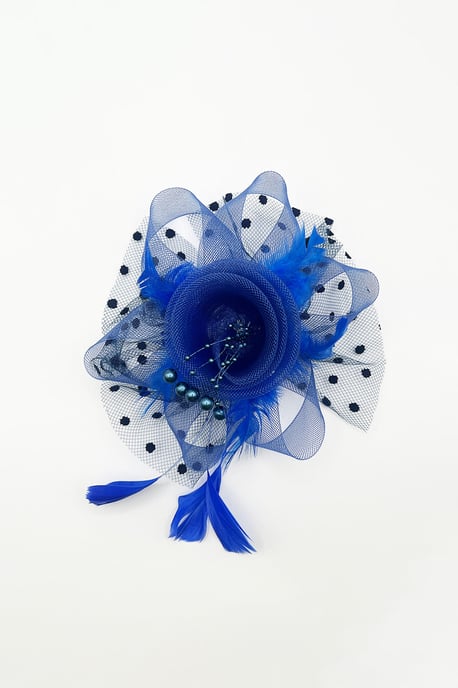Rosette Faux Pearl & Polka Veil Feather Fascinator in Blue - Image 2