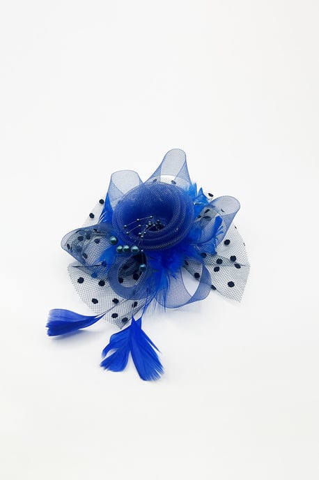 Rosette Faux Pearl & Polka Veil Feather Fascinator in Blue - Image 3