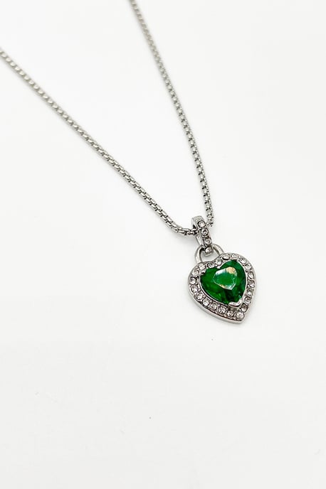 Emerald Green Diamante Heart Necklace in Silver - Gift Boxed - Image 1