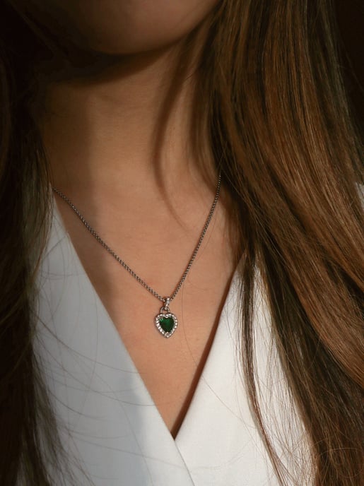 Emerald Green Diamante Heart Necklace in Silver - Gift Boxed - Image 2