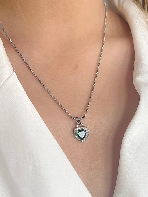 Emerald Green Diamante Heart Necklace in Silver - Gift Boxed - Image 3