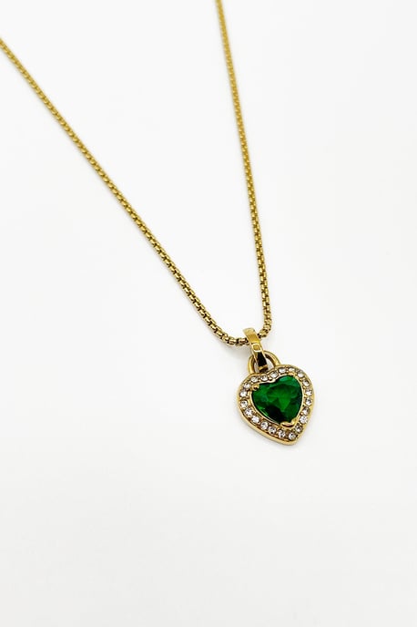 Emerald Green Diamante Heart Necklace in Gold - Gift Boxed - Image 1