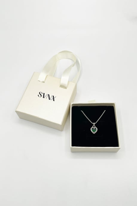 Emerald Green Diamante Heart Necklace in Silver - Gift Boxed - Image 4