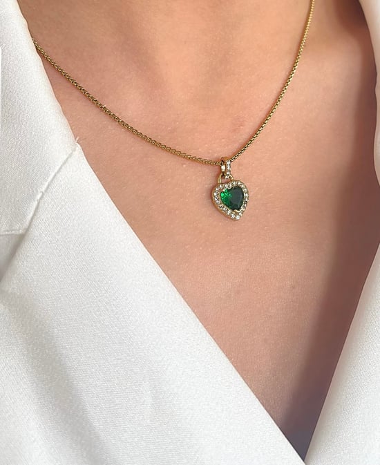 Emerald Green Diamante Heart Necklace in Gold - Gift Boxed - Image 3
