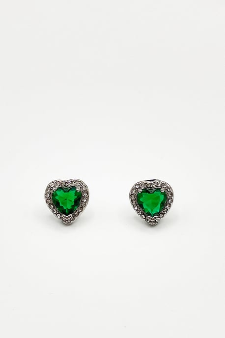 Emerald Green Diamante Heart Earrings in Silver - Gift Boxed - Image 1