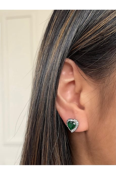 Emerald Green Diamante Heart Earrings in Silver - Gift Boxed - Image 2