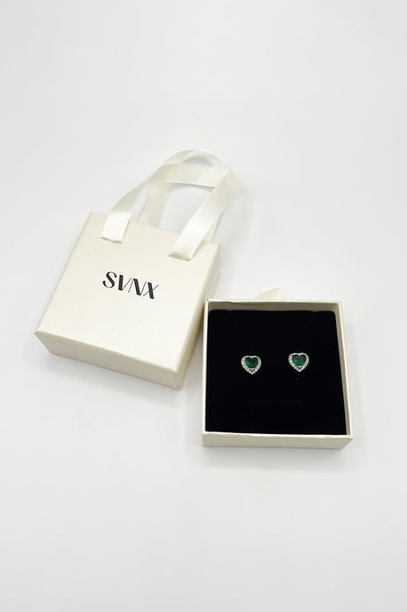 Emerald Green Diamante Heart Earrings in Silver - Gift Boxed - Image 3